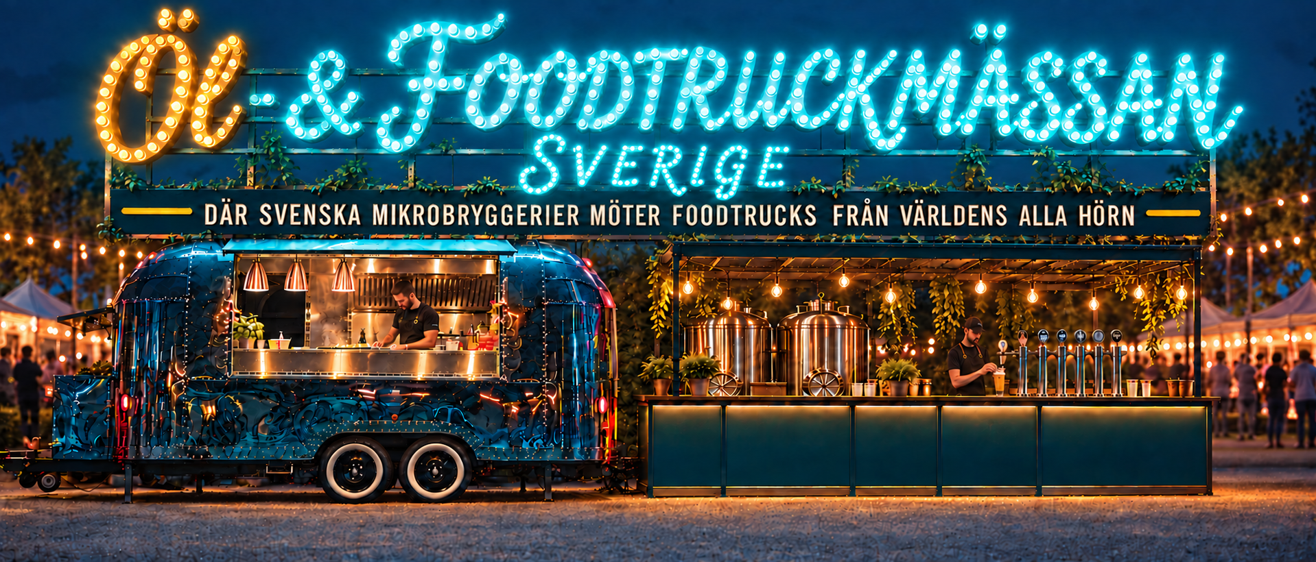 Foodtruck och mikrobryggeribar i färgstarkt kvällsljus